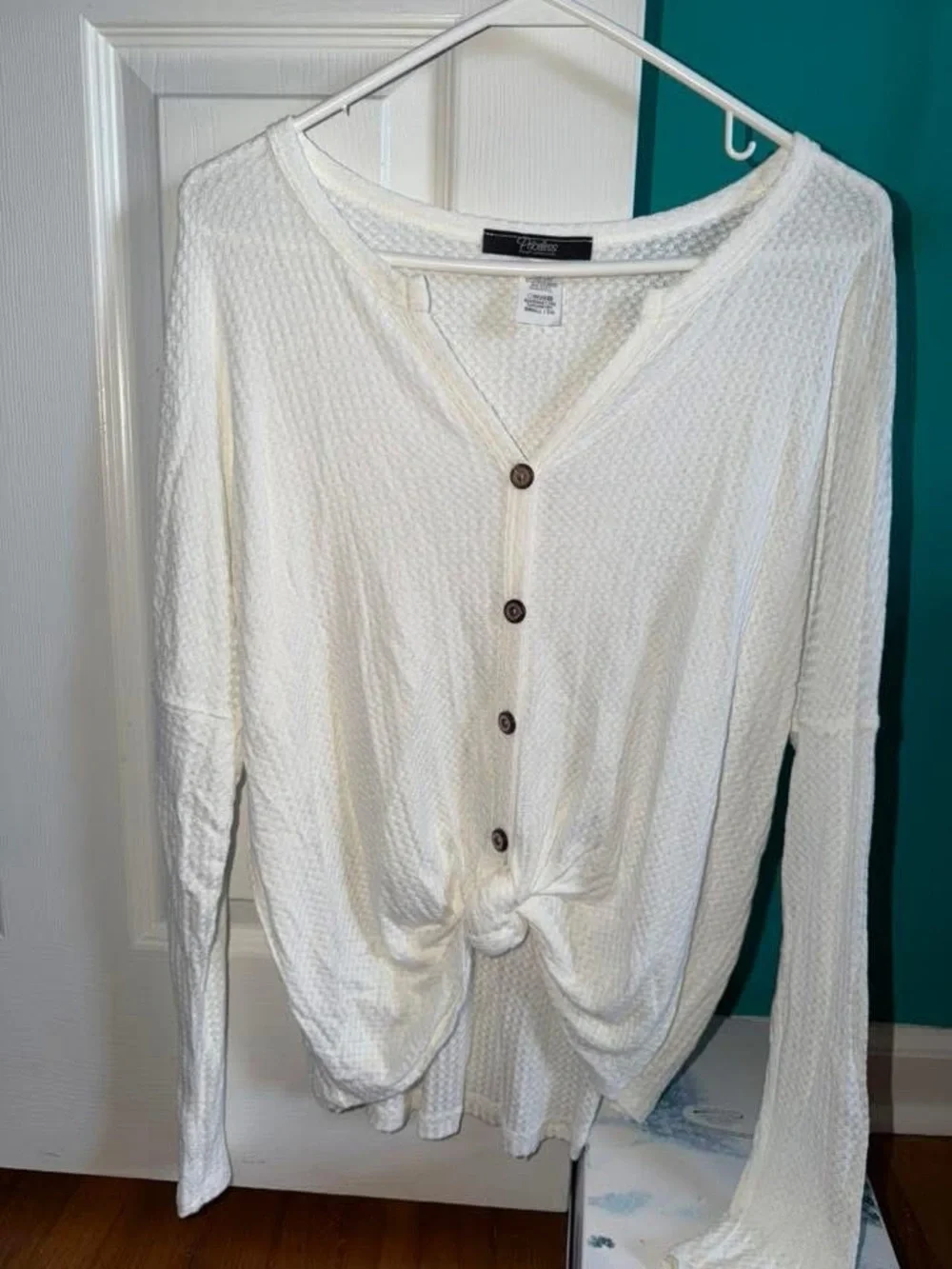 Cream Waffle Knit Button-Front Long Sleeve Top with Tie